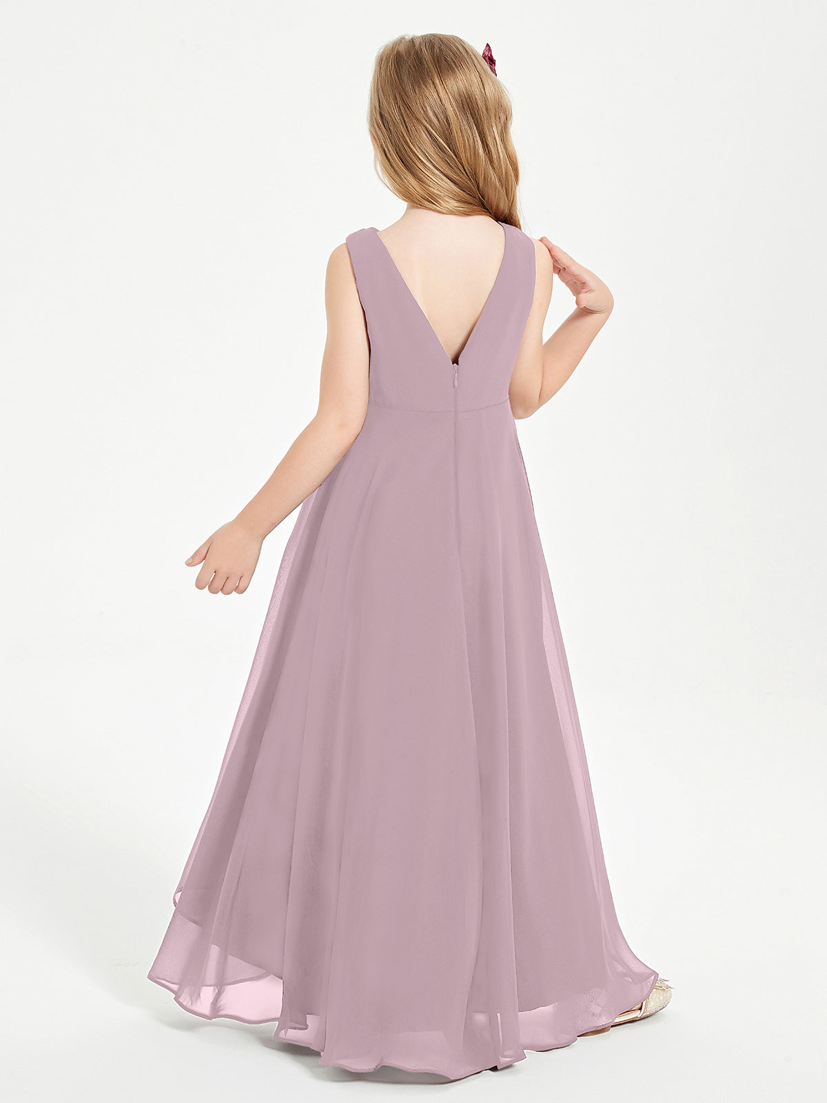 Modern Asymmetrical Cowl Neck Junior Bridesmaid Dresses Dusk